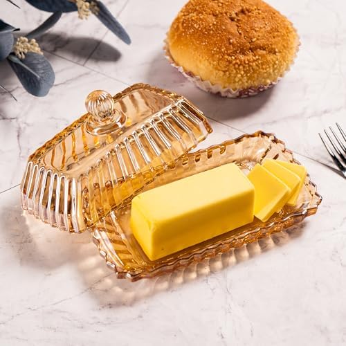 Champagne Color Glass Butter Dish with Lid for Countertop
