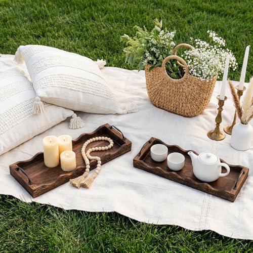 4 Pcs Scalloped Rustic Wooden Serving Trays with Handle, Brown