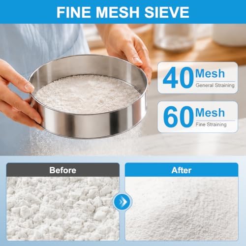 3 Pcs flour sifter for baking (8" 40 and 60 Mesh, 6" 40 Mesh)