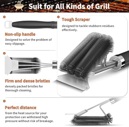 Grill Brush and Scraper-18 Adjustable Handle Safe BBQ Grill Brush for