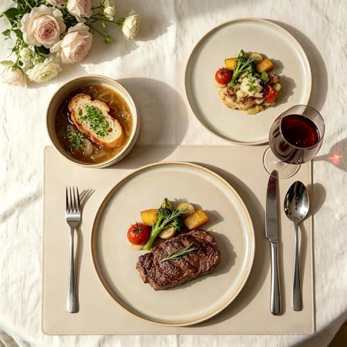 Stoneware Dinnerware Sets for 4, 12Pcs Ribbed Plates and Bowls Set
