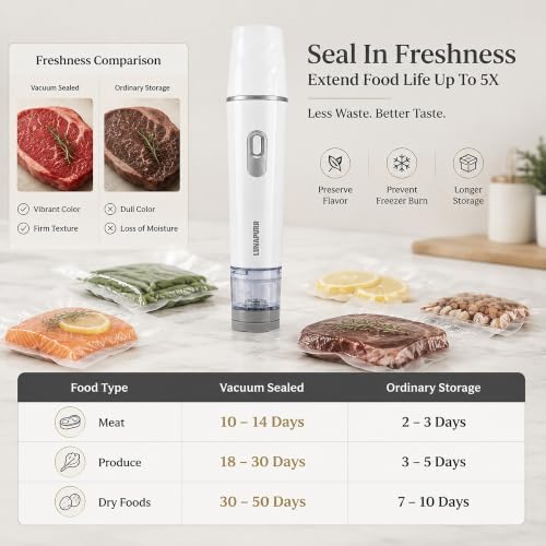 Compact Handheld Vacuum Sealer, 30 Reusable Vacuum Bags, 70kPa