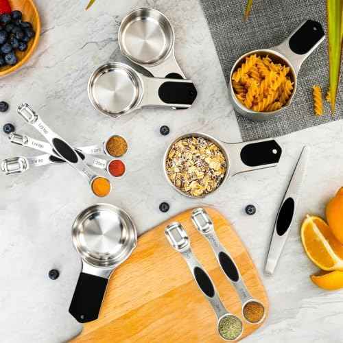 Magnetic Measuring cups and spoons Set, 304 Stainless Steel 5 Magnetic Measuring Cup and 8 Double Sided Measuring Spoons with 1 Leveler，Kitchen Gadgets for Cooking & Baking