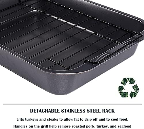 kitCom Bakeware Nonstick Roaster, Nonstick Roasting Pan with Rack, Great For Roast Chicken, Roasts And Turkeys - 15 Inch x 11 Inch (5.8 QT), Gray