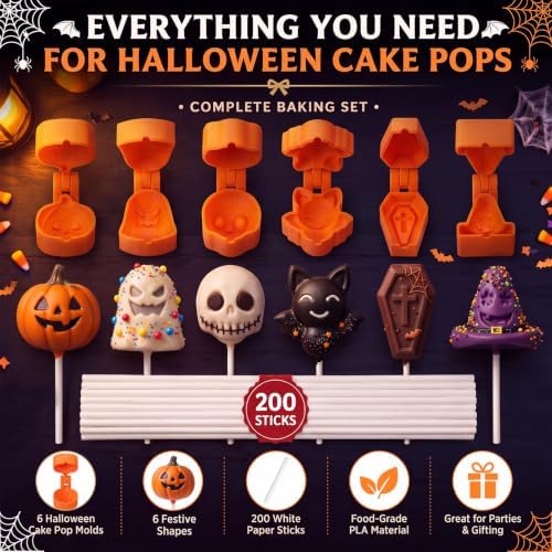 6 Pcs Halloween Cake Pop Mold with 200 Sticks Halloween