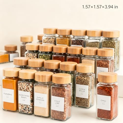 Glass Spice Jars with Label, 24Pk Bamboo Jar Spices Set 4Oz