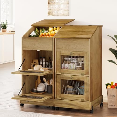Potato Storage Bin, Wooden Bread Bins with Wheel, Movable Onion