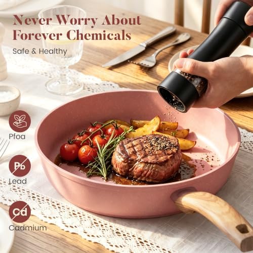 Kitchen Academy Induction Pots and Pans Set Non Stick, 12Pcs Pink