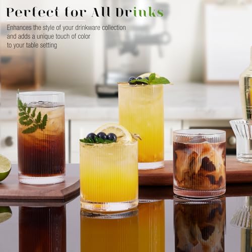 Ribbed Drinking Glasses Cups Set of 8 Large Capacity Highball
