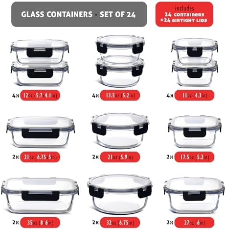 EATEX 48pc Glass Storage Containers with 24 Airtight Lids