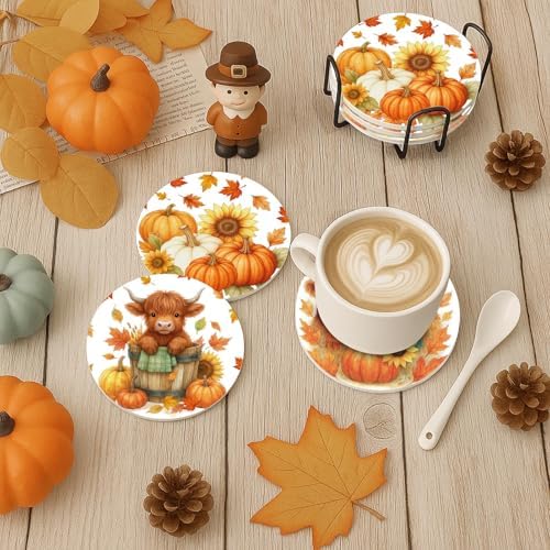Fall Coasters for Drinks, Set of 6, Highland Cow Ceramic Stone