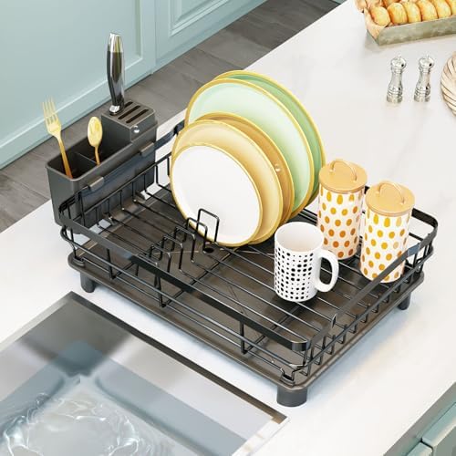 GAXmi 1-Tier Dish Drying Rack with Drainboard, Black