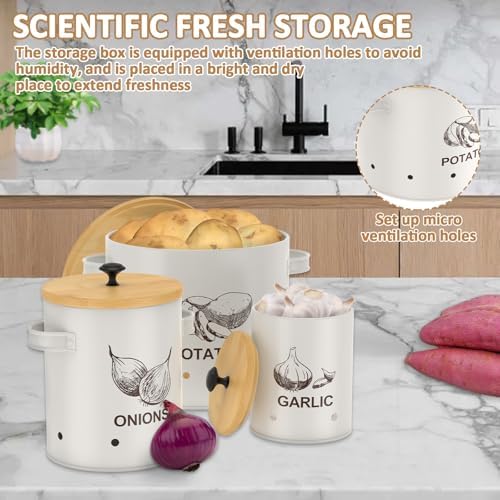 3Pcs Vegetable Storage Tin with Bamboo Lid, Carbon Steel Stackable
