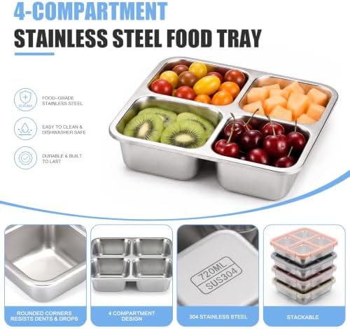 4 Pack Stainless Steel Snack containers, Leak-Proof, 4 Compartments, 3