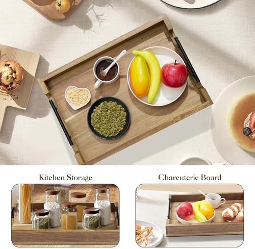 GarveeHome Acacia Serving Tray with Metal Handles, 17 in Wood Serving