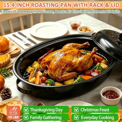 15.4” Turkey Roasting Pan With Rack and Lid, Enamel Carbon Steel