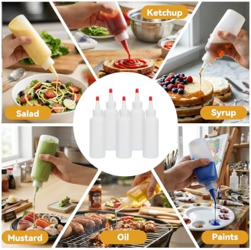 5 Pcs Plastic Condiment Squeeze Bottles, 4 OZ Squeeze Bottles with Red