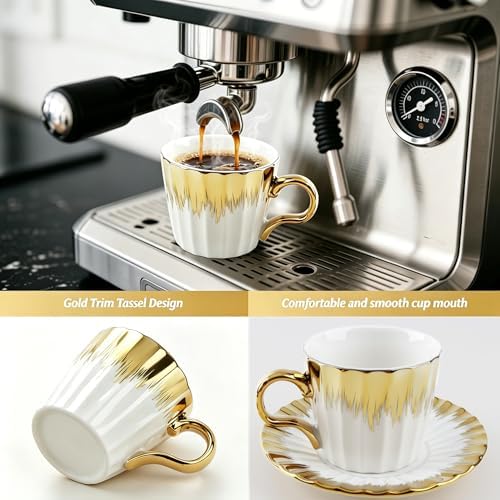 Coffee Cup Set of 6 with Saucers, 3.5 OZ Ceramic Espresso Cups, Deco