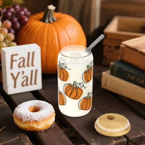 Joyseller 18oz Fall Pumpkin Iced Coffee Glass Cup with Lid & Straw