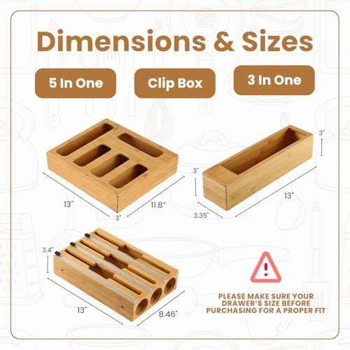 9 in 1 Storage Bag Organizer for Kitchen Drawer, Bamboo Foil and Plastic Wrap Dispenser with Cutter, Food Storage Bag Organizer for Quart, Gallon, Sandwich & Snack Bags, Aluminum Foil Organizer