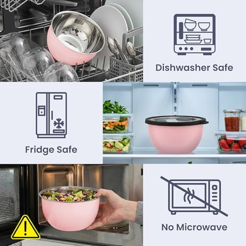 Rorence 18/8 Stainless Steel Salad Bowl Kit,3QT,Pink