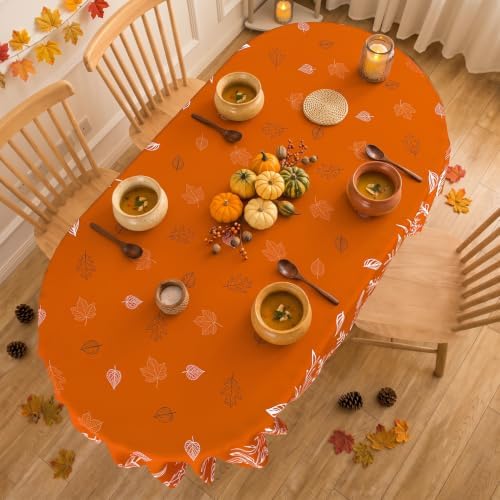 Orange Fall Tablecloth Oval 52x70 Inch, Stain Resistant Washable