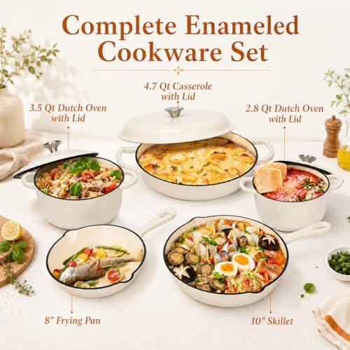 Hisencn Enameled Cast Iron Cookware Set, 8 Piece of Casserole, Dutch Ovens, Skillet and 3 Lids, Ceramic Coated Cast Iron Dutch Oven Set, Gas/Induction Compatible, PFA Free, with Pan Rack