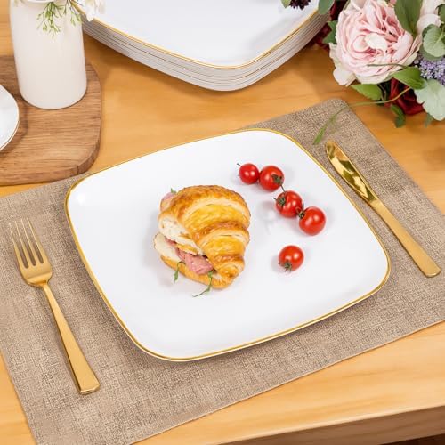 bUCLA 50PCS White and Gold Plastic Plates Disposable - Square Gold