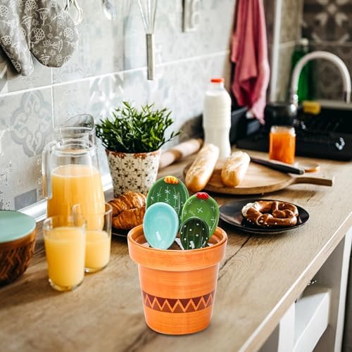 Coloch 5Pcs Ceramic Measuring Spoons in Pot, Cactus Shape Baking