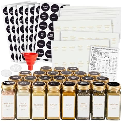 Talented Kitchen 24-Pack Glass Spice Jars - 4 Oz Square Bottles & Gold