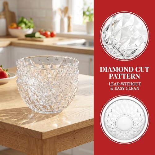 Jucoan 12 Pack 10 oz Small Glass Bowls, 5 Inch Diamond Cut Glass Prep