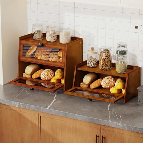 BAMBANG Bread Box for Kitchen Countertop, Extra Large Bamboo Bread Storage Container for Homemade Bread, Double Layer Sourdough Breadox, Bread Bin Organizer for Counter Cabinet Pantry, Brown