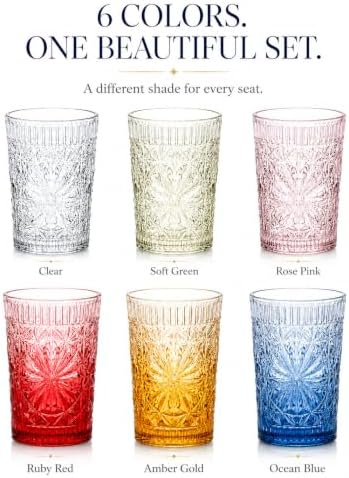 Drinking Glass Set of 6, 13oz Colored Glass Cup Glassware Set
