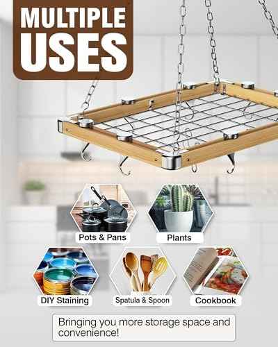 Cooks Standard Classic Ceiling Wood Pot Rack, 24x18 Inch Heavy Duty Hanging Cookware Organizer with Metal Grate & Solid Cast Aluminum Hooks, Movable Tracks Design