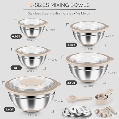 HaWare Stainless Steel Mixing Bowls with Airtight Clear Lids, Khaki