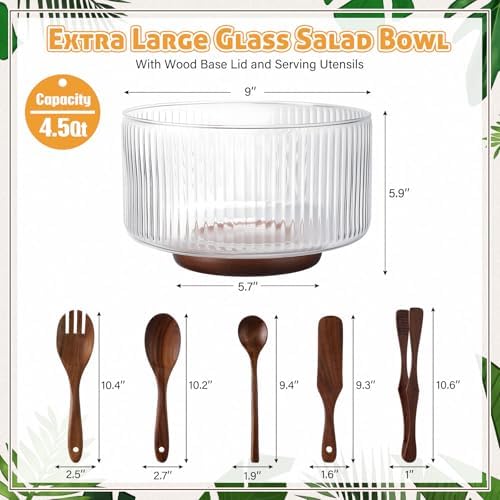 Large Glass Salad Bowl Set, Ribbed Salad Bowl with Wood Base and Lid
