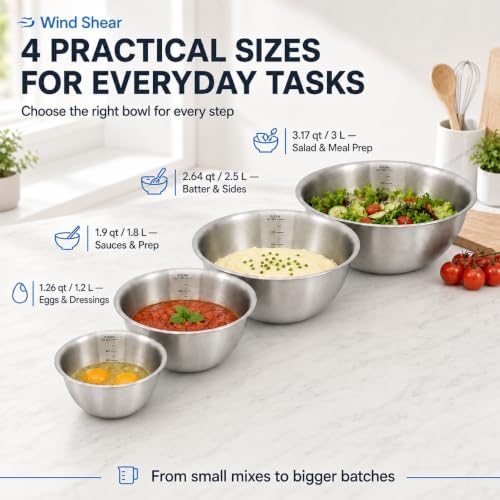 Wind Shear 4-Piece 304 Stainless Steel Mixing Bowls with Measurements
