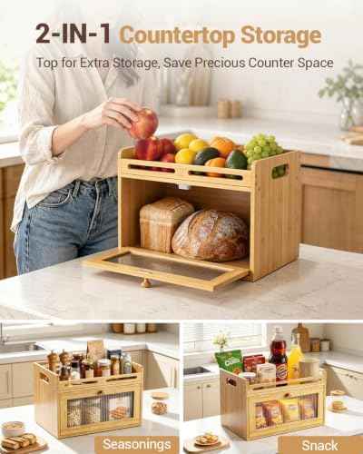 Bread Box for Kitchen Countertop, Bamboo Storage Container with Top Shelf