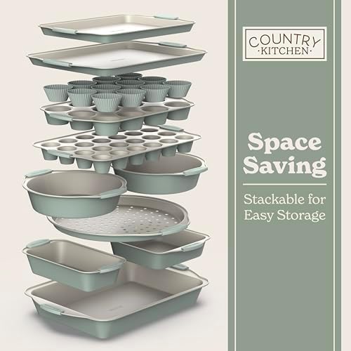 Country Kitchen Nonstick Stackable Bakeware Set - Durable, Easy Release Baking Set- 22 Pc. Includes Silicone Muffin Cups