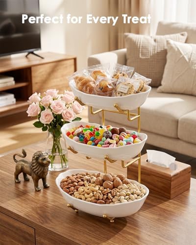 3 Tier Ceramic Fruit Bowl for Kitchen Counter, Fruit Basket with Stand