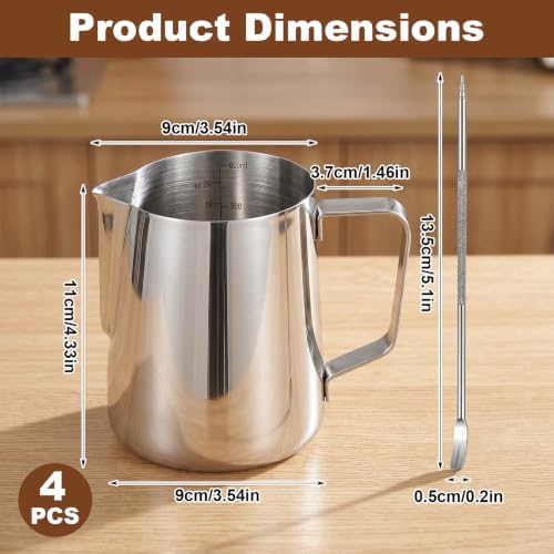 4 Pcs 20oz Stainless Steel Milk Frothing Pitcher Kit with Latte Art