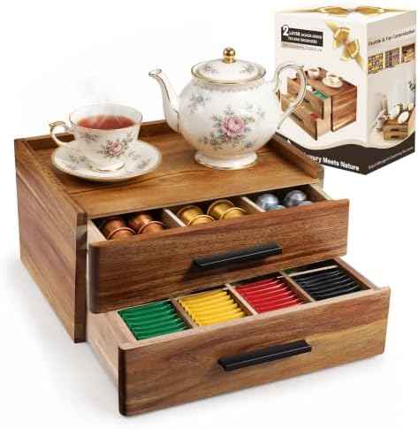 Acacia Wood Tea Bag Organizer - Double-Drawer Tea Box(21-Compartment)