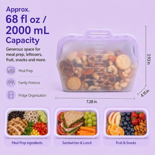 2000ml Reusable Silicone Bag for Food Storage, Freezer Safe, 1 Pack