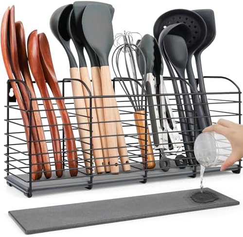 Large Kitchen Utensil Holder 4-Compartment with Diatomaceous Earth Base