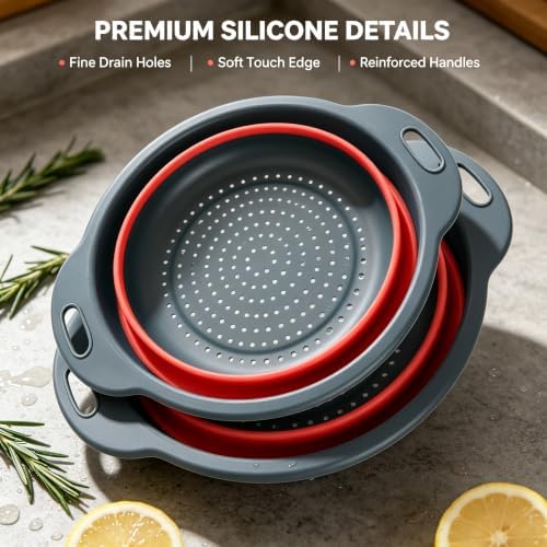 Red Collapsible Colander Set 3 Pack Silicone Strainers