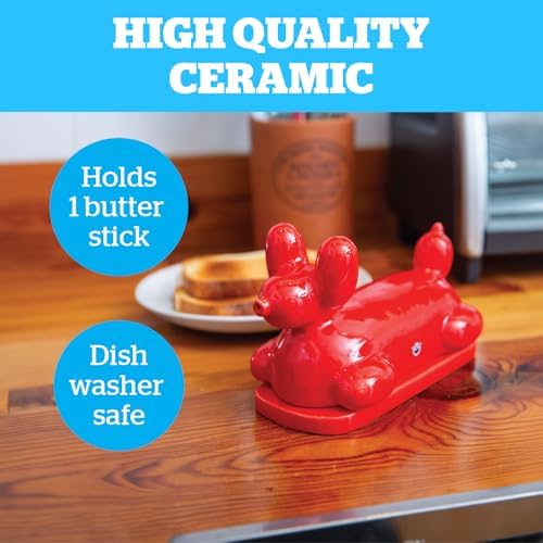 Red Balloon Dog Butter Dish, Ceramic Butter Stick-Shaped Lid, Holds 1