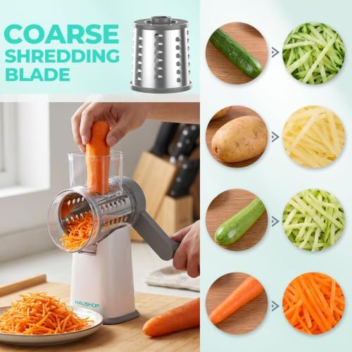 HAUSHOF Rotary Cheese Grater, Hand Crank, 3-Blade