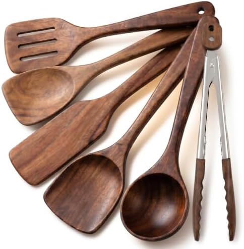 6 Pcs Walnut Wooden Kitchen Utensil Cooking Utensils Set Tong Spatula