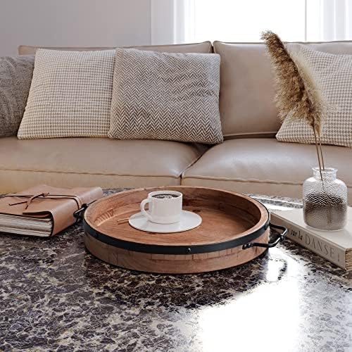 Round Coffee Table Tray|13'' Farmhouse Wood Serving Tray with Metal