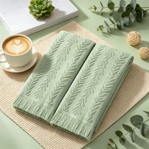 JarThenaAMCS 2Pcs Sage Green Leaves Hand Towels with Tassel Eucalyptus